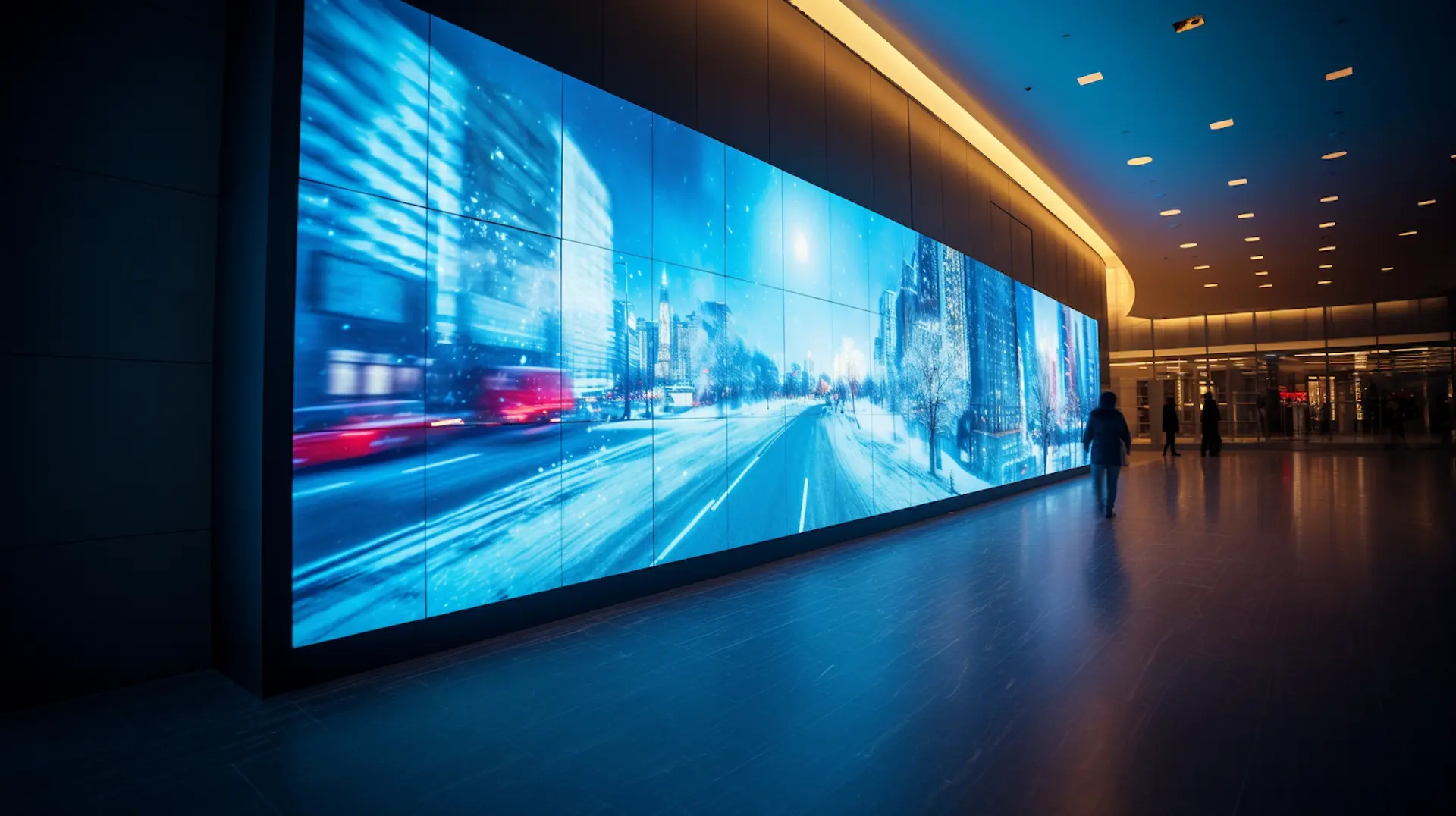Eine große, lebendige Anzeige zeigt eine beschleunigte Stadtstraße in einer modernen, beleuchteten Innenhalle, wo Personen vorbeigehen.