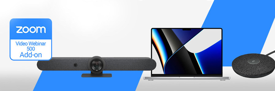 Zubehör für Zoom Videokonferenzen: Logitech Videokonferenzsystem, Apple MacBook, Logitech Mic Pod 