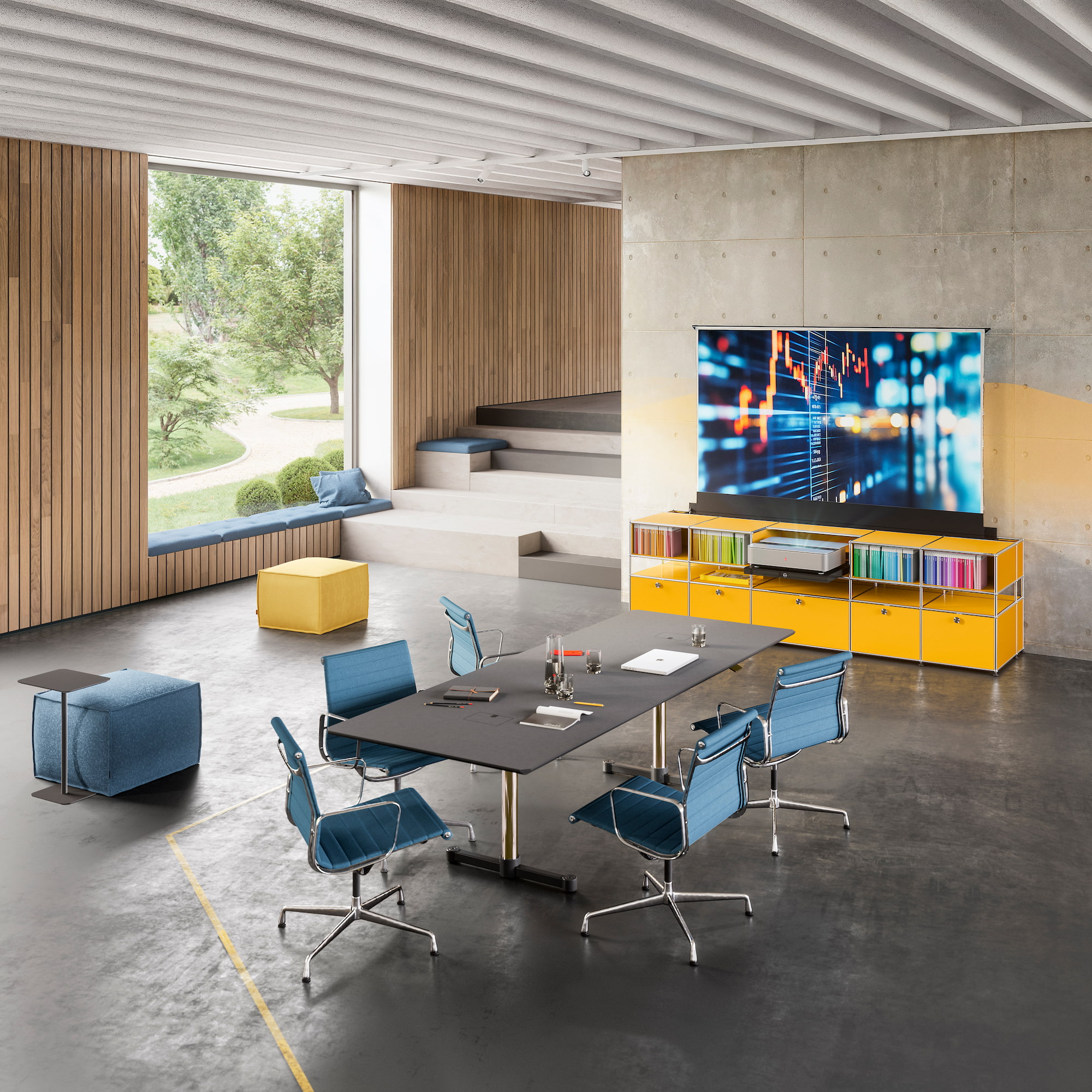 USM Cine Collection Office mit ausgefahrener Leinwand und ausgefahrenem Leica Cine 1