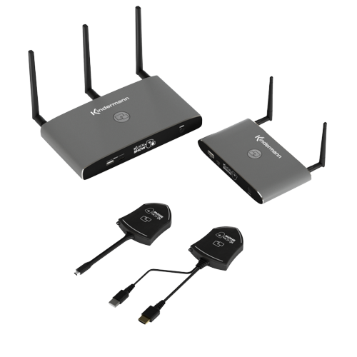 Ein Set von drahtlosen Übertragungsgeräten, bestehend aus zwei schwarzen Boxen mit Antennen und zwei passenden USB-Dongles, isoliert auf weißem Hintergrund.