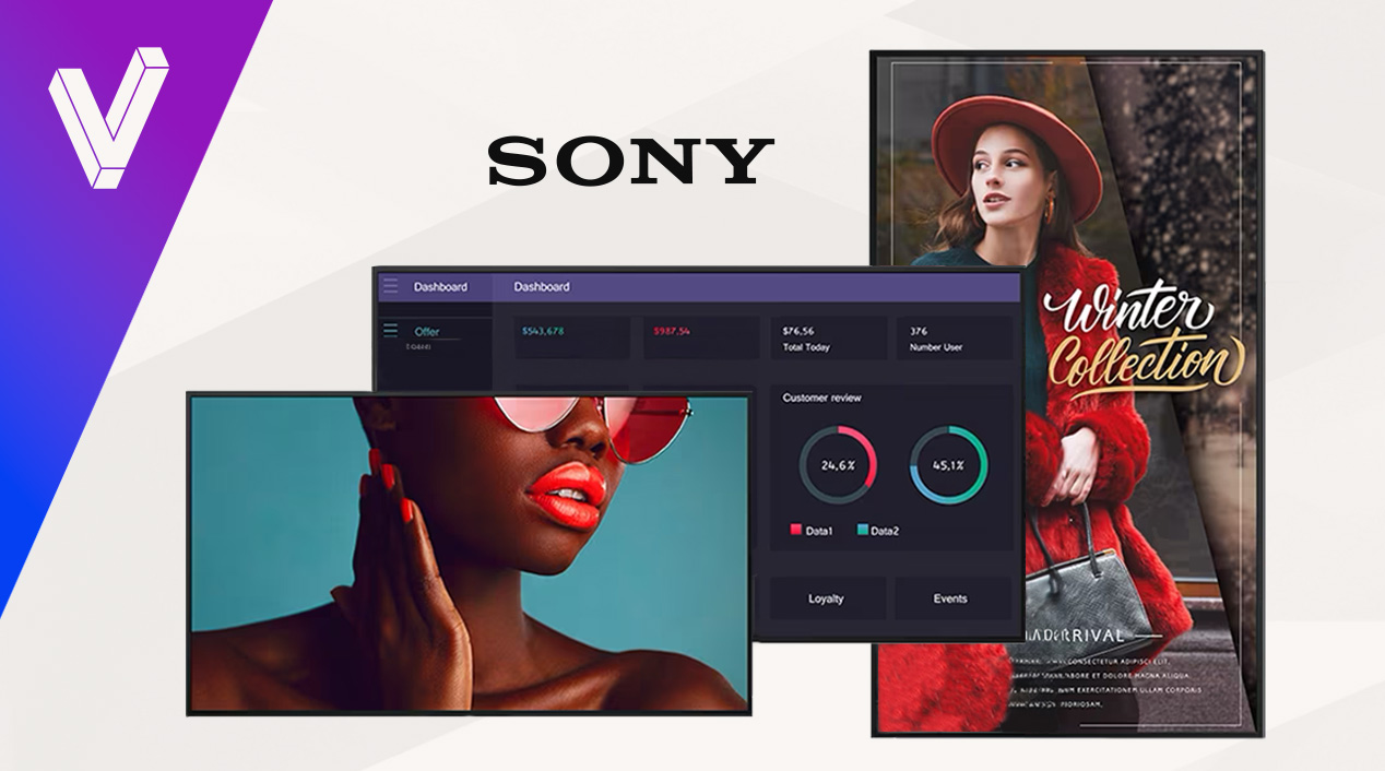 Werbedarstellung mit einer geteilten Grafik, die die Markenkommunikation und Displaytechnologie von Sony zeigt. Links ein digitales Werbedisplay mit dem Bild einer Frau mit Sonnenbrille und auffälligem Lippenstift, rechts eine Anzeige mit der 'Winter Coll