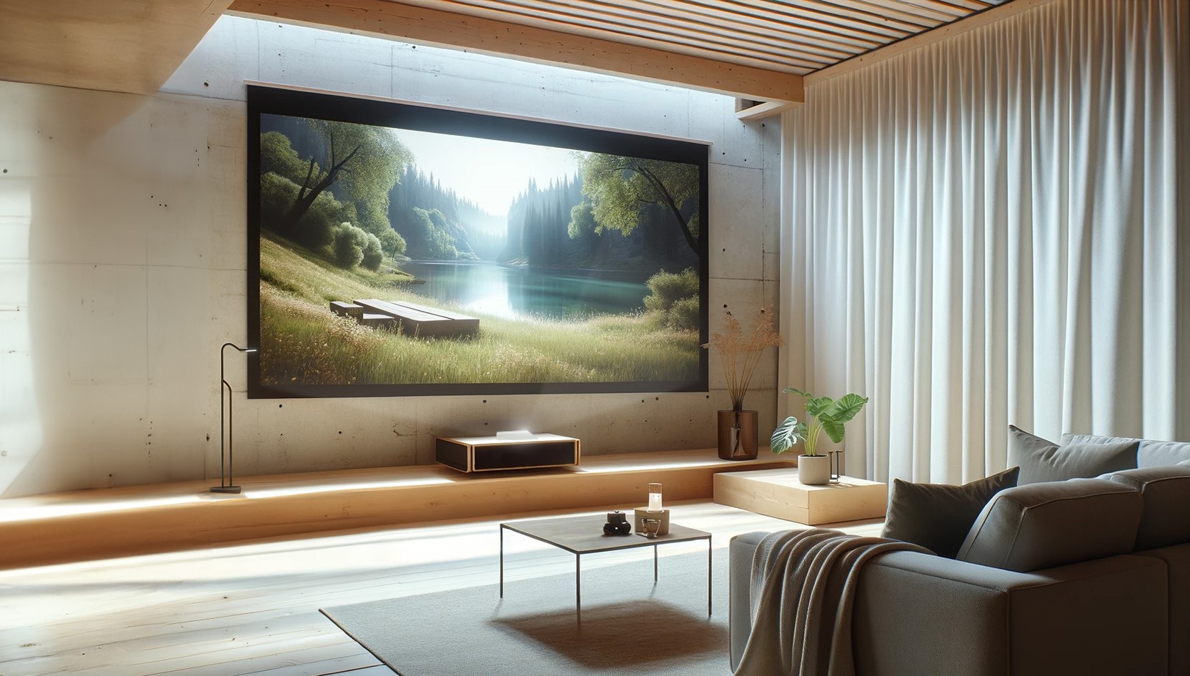 Ein helles, gemütliches Wohnzimmer mit großem Fernseher an der Wand, der eine ruhige Naturszene zeigt, flankiert von einer Holzverkleidung und weichen Möbeln, durchzogen von indirektem Beleuchtungsdesign.