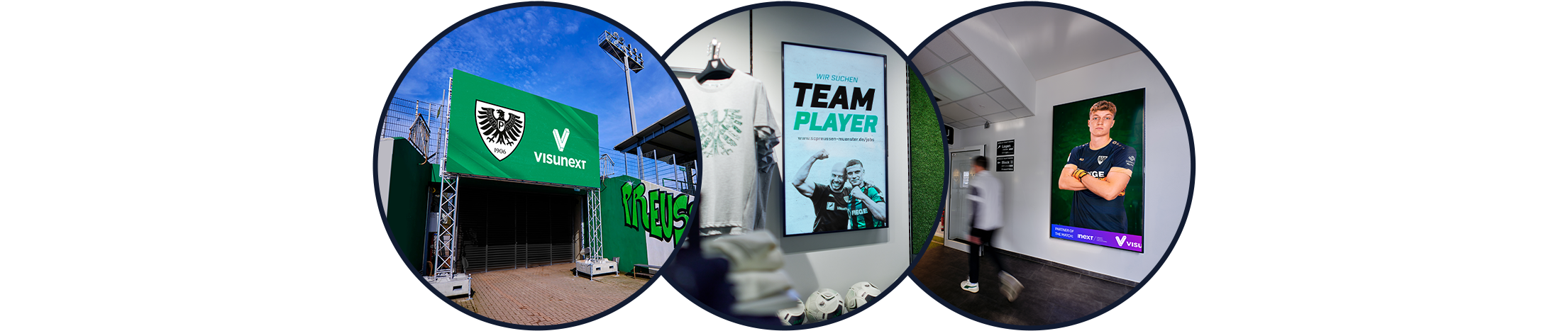 Drei Bilder in Form von Kugeln. Links: die aufgebaute LED-Wall; Mitte: ein Signage Display im SCP-Fanshop; Rechts: ein Signage Display im Hospitality-Bereich des Stadions.