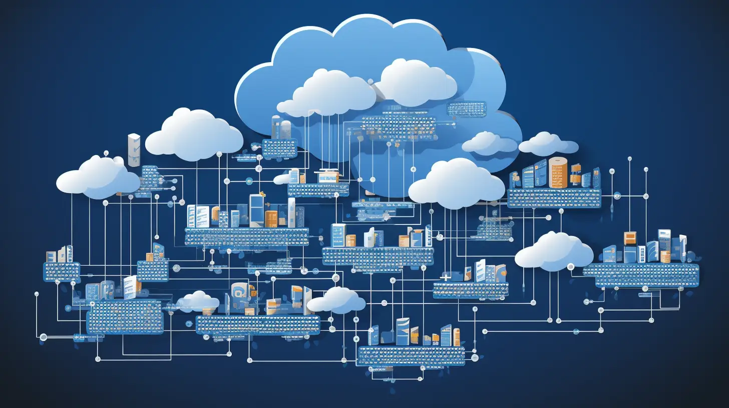 Auf dem Bild sind in einem gezeichneten Stil einige Wolken und Server dargestellt. Die Wolken und Server sind miteinander mit Strichen verbunden, sodass ein Netz aus Wolken und Servern entsteht