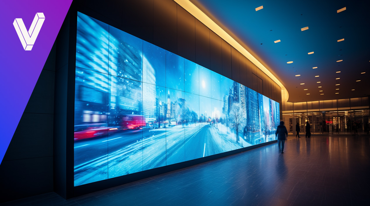 Links im Bild ist eine große LED Wall, die Informationen anzeigt. Davor laufen Menschen durch eine Halle
