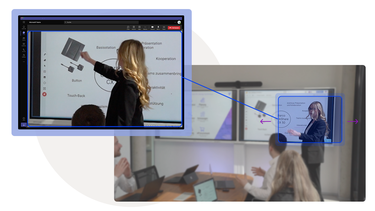 Dieses Bild zeigt die Funktion des Trackings, wie die Person, die im Vordergrund steht gescannt wird und anschließend für Teilnehmer der Videokonferenz in den Fokus gestellt wird.