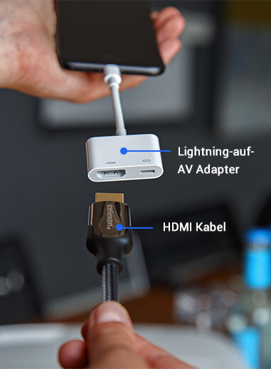 Ein HDMI Kabel wird an einen AV Kabel angeschlossen 