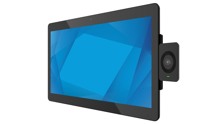 Ein modernes, flaches Display mit einem an der rechten Seite angebrachten, zylindrischen Webcam-Modul.