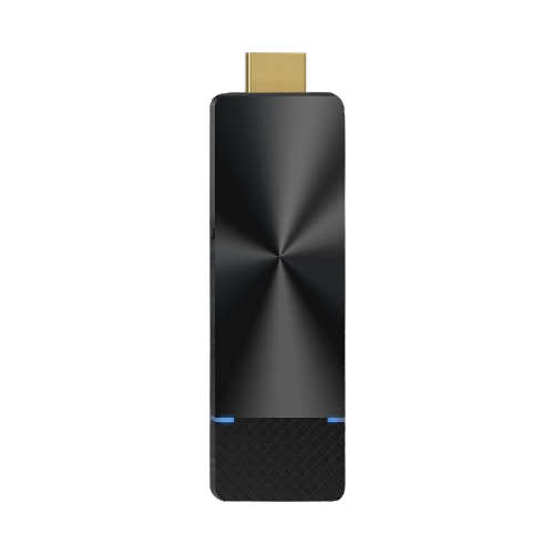 Ein EZCast Streaming-Stick mit einem goldenen HDMI-Anschluss und einem Design mit blauen Akzenten auf einer schwarzen Oberfläche mit radialer Textur.